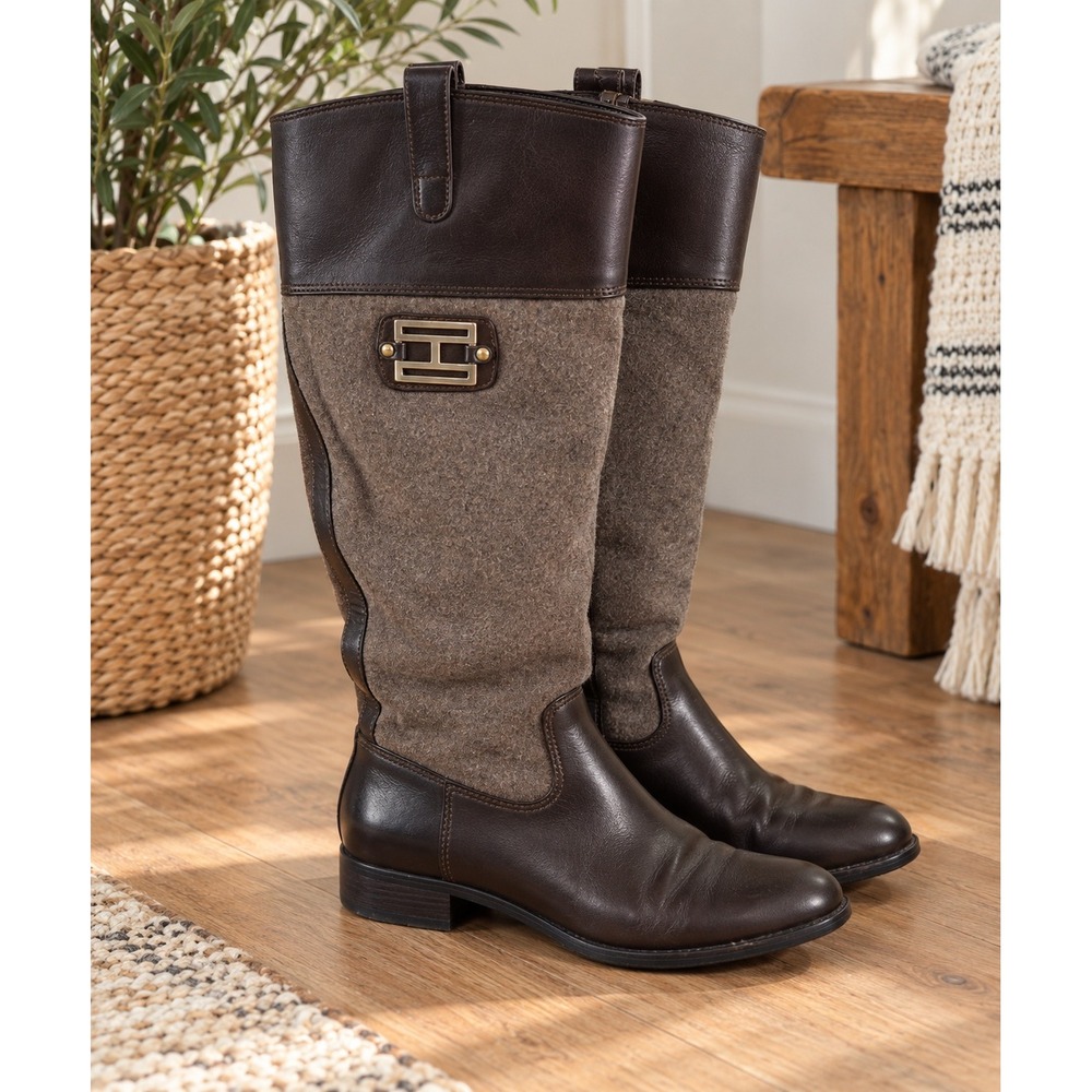 Tommy Hilfiger Women's Brown Leather Wool Tall Riding Boots Size 7M